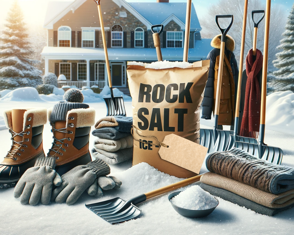 essentials for a freeze, rock salt, snow shovels, gloves, sweaters