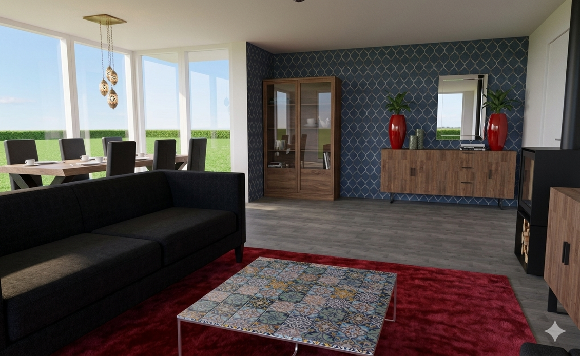 Een eettafel met zwarte leren stoelen geplaatst op een vloerkleed met patroon bij een groot raam.