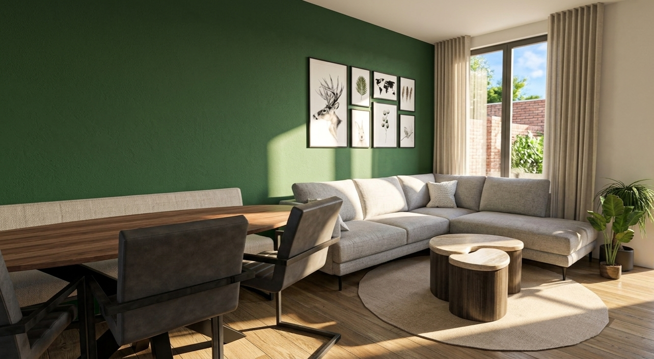 Een moderne woonkamer met een groene accentmuur, een lichtgrijze hoekbank, een eethoek en een groot raam met gordijnen.