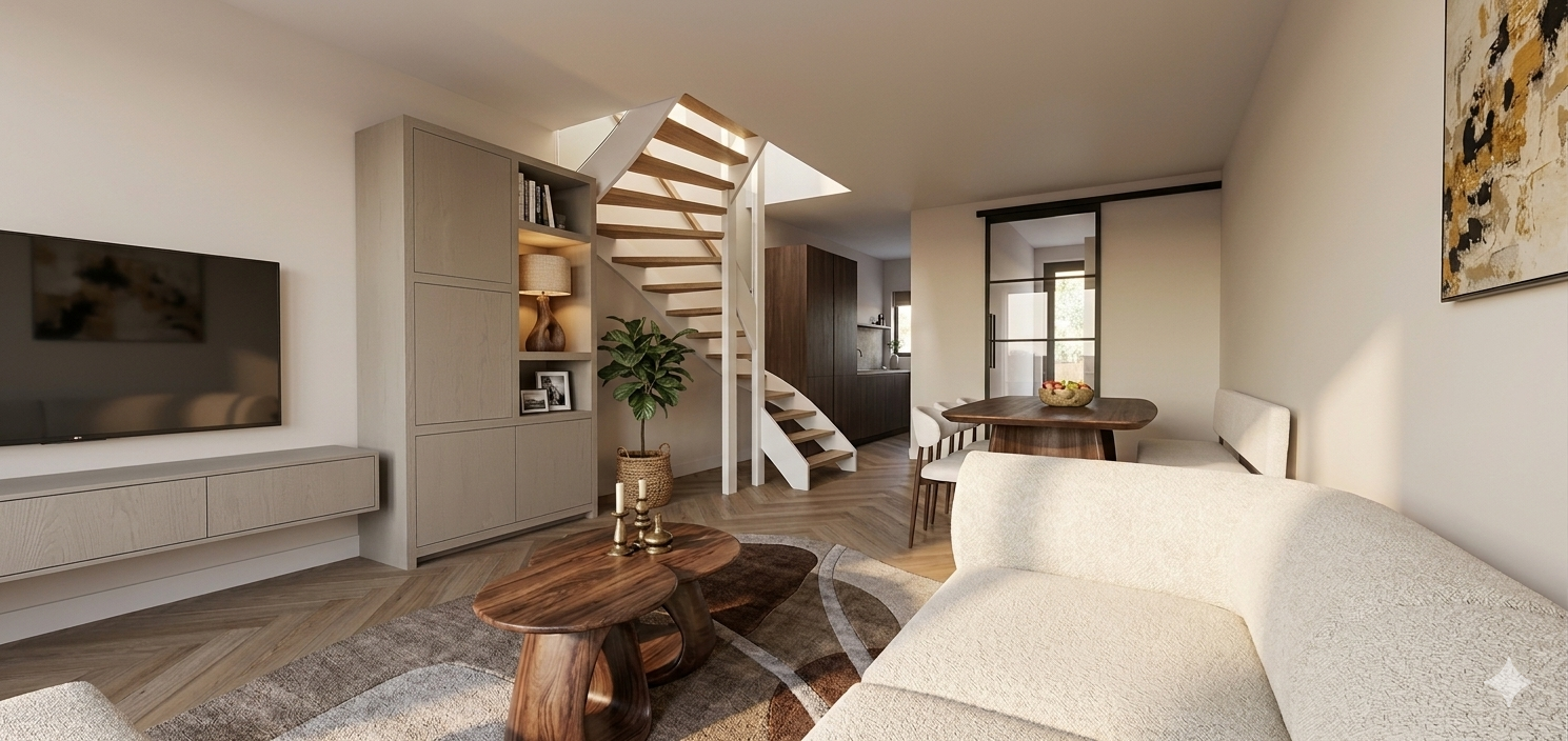 Moderne open woonruimte met een trap, een stijlvolle bank, een houten salontafel en een eethoek in neutrale tinten.