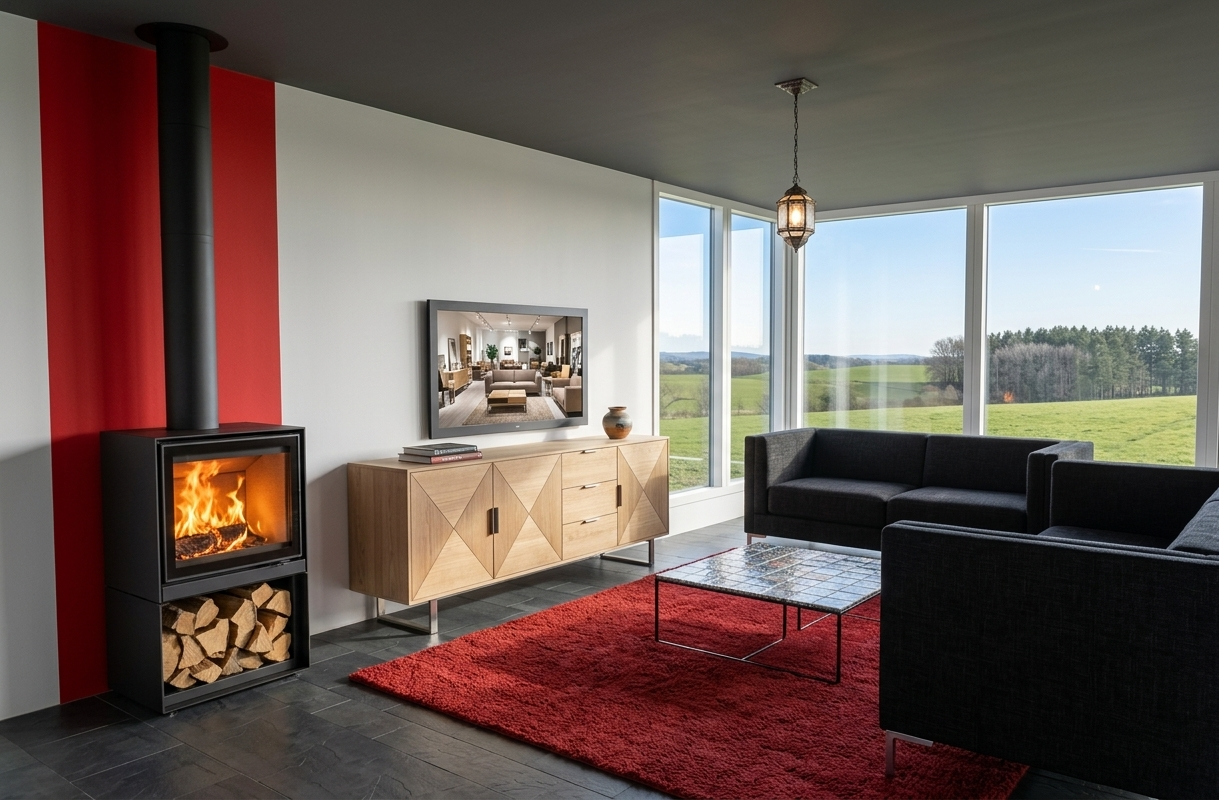 Een 3D-weergave van een moderne woonkamer met een accentmuur, een open haard, een houten tv-meubel en een donkere bank.