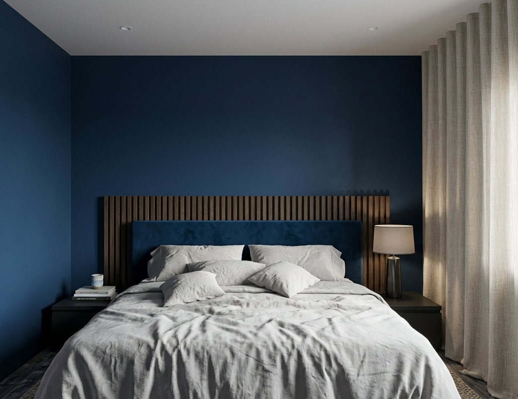 Een moderne slaapkamer met een donkerblauwe muur en walnoot akupanelen