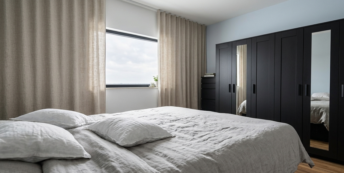 Een slaapkamer met een bed en beige gordijnen van vloer tot plafond en een grote zwarte kledingkast met spiegeldeuren.