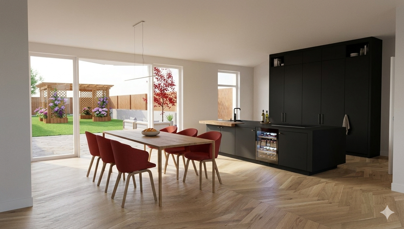 Een digitale weergave van een minimalistische woonkamer met een hoekbank, een tv en uitzicht op een terras.