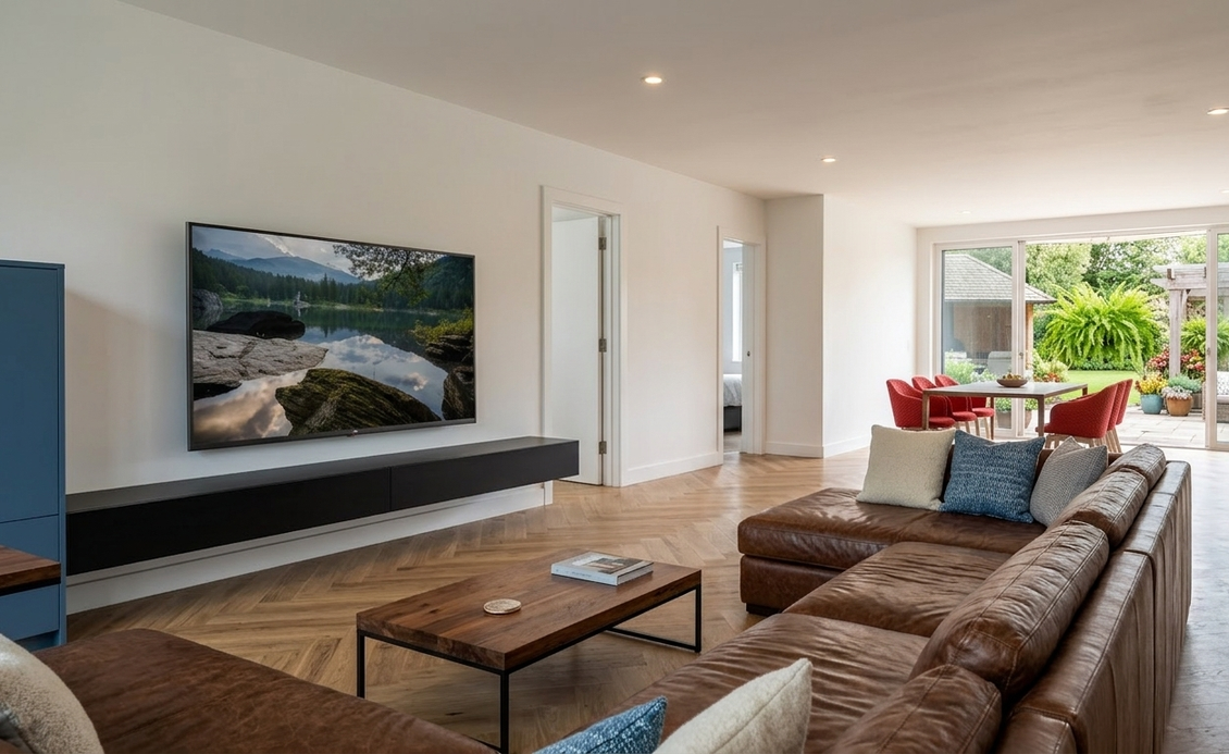 Een ruime woonkamer met een grote tv aan de muur, een bruine leren hoekbank, een salontafel en een eethoek.