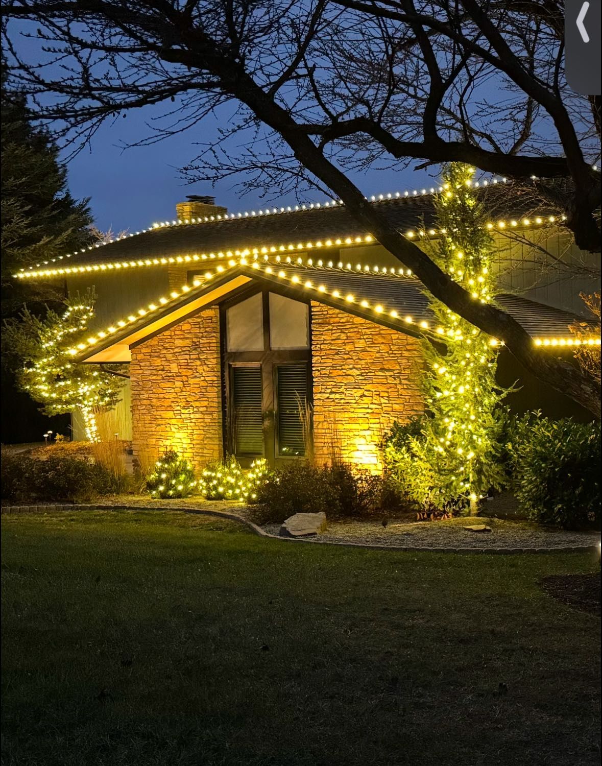House decorated with warm white Christmas lights along roofline and in trees at dusk.