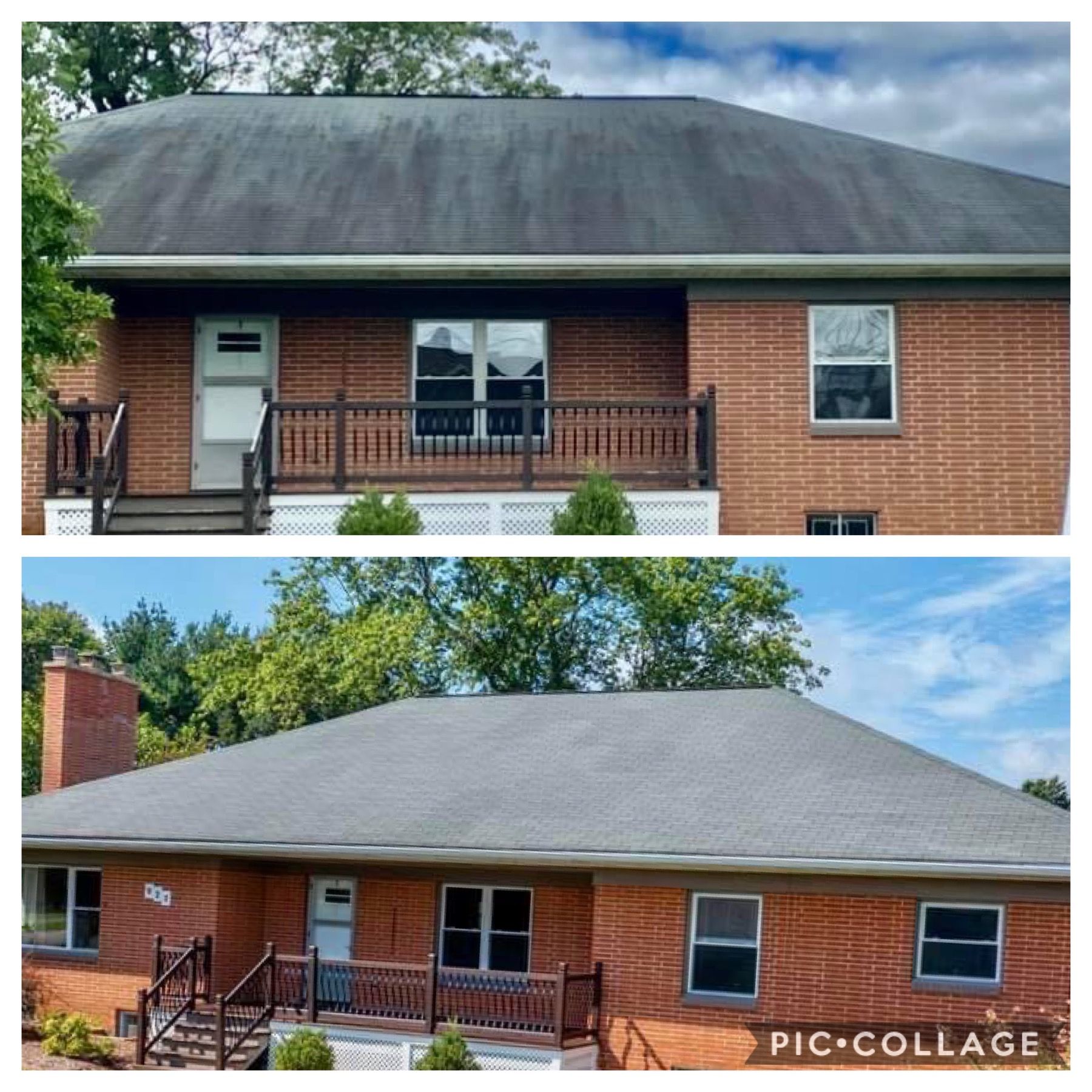 Comparison of a house roof before and after cleaning: dark, dirty roof versus clean, gray roof.
