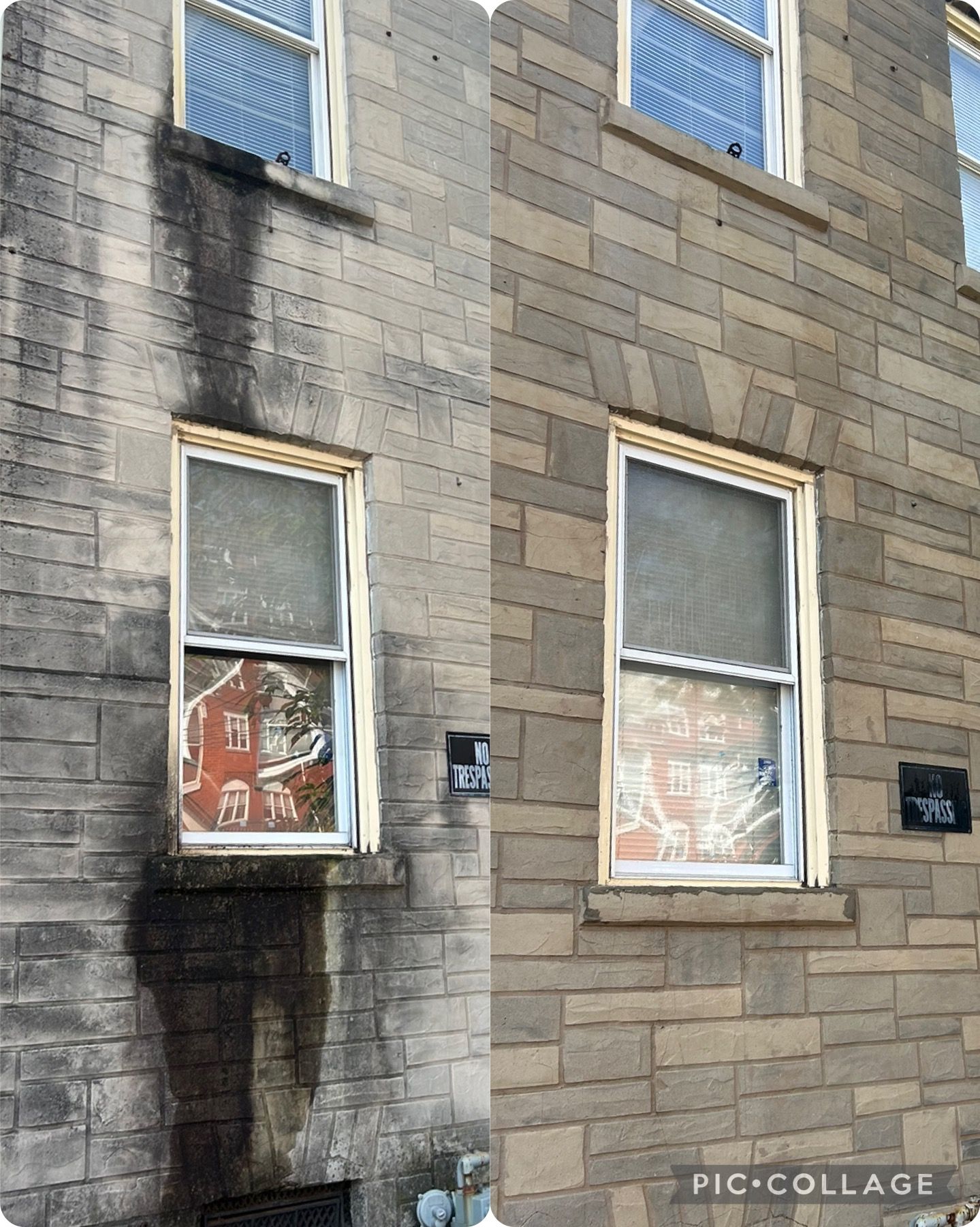 Side-by-side comparison of a building wall before and after cleaning, showing significant dirt and grime removed.