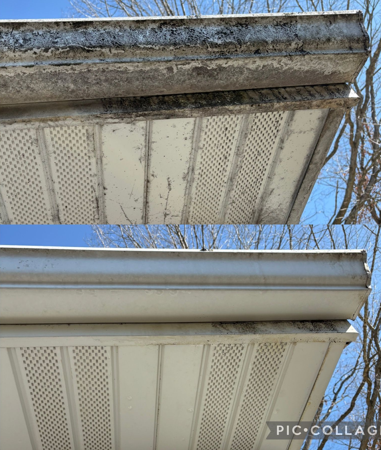 Before and after view of a white soffit and gutter, cleaned of dirt and grime.