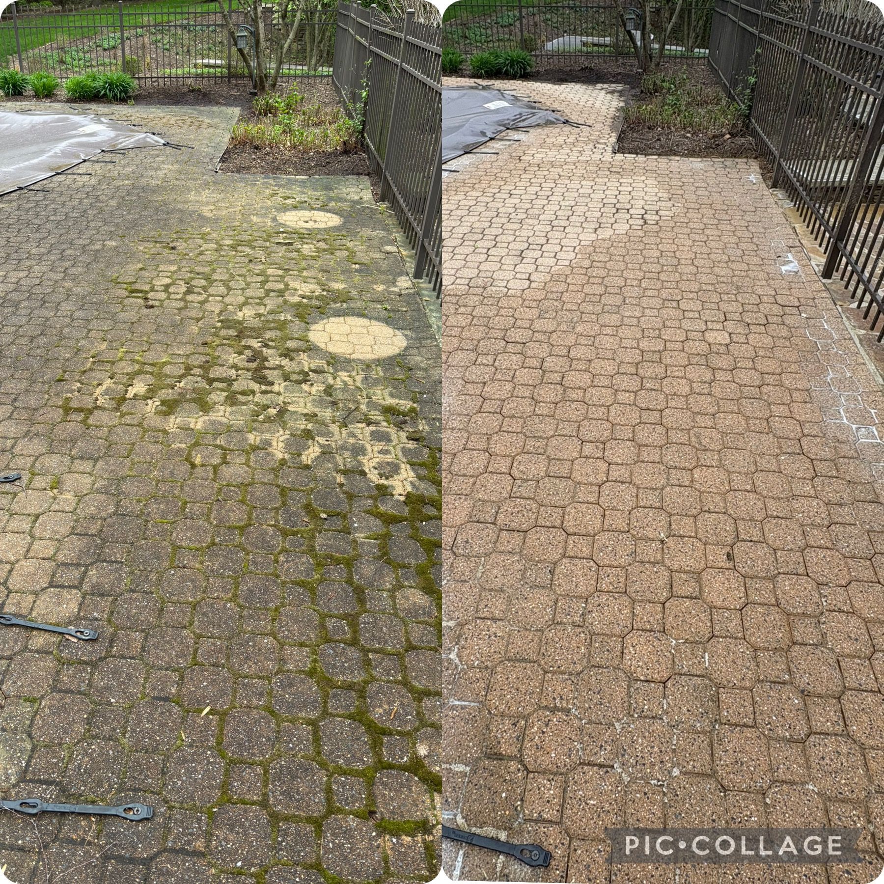 Comparison of a dirty and cleaned cobblestone patio; one side shows moss, the other, clean stone.