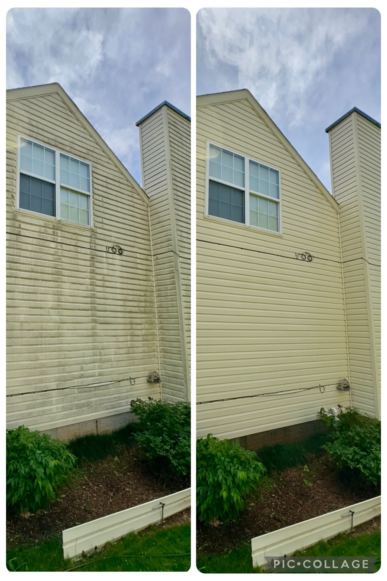 Side-by-side comparison of a building's siding before and after cleaning.