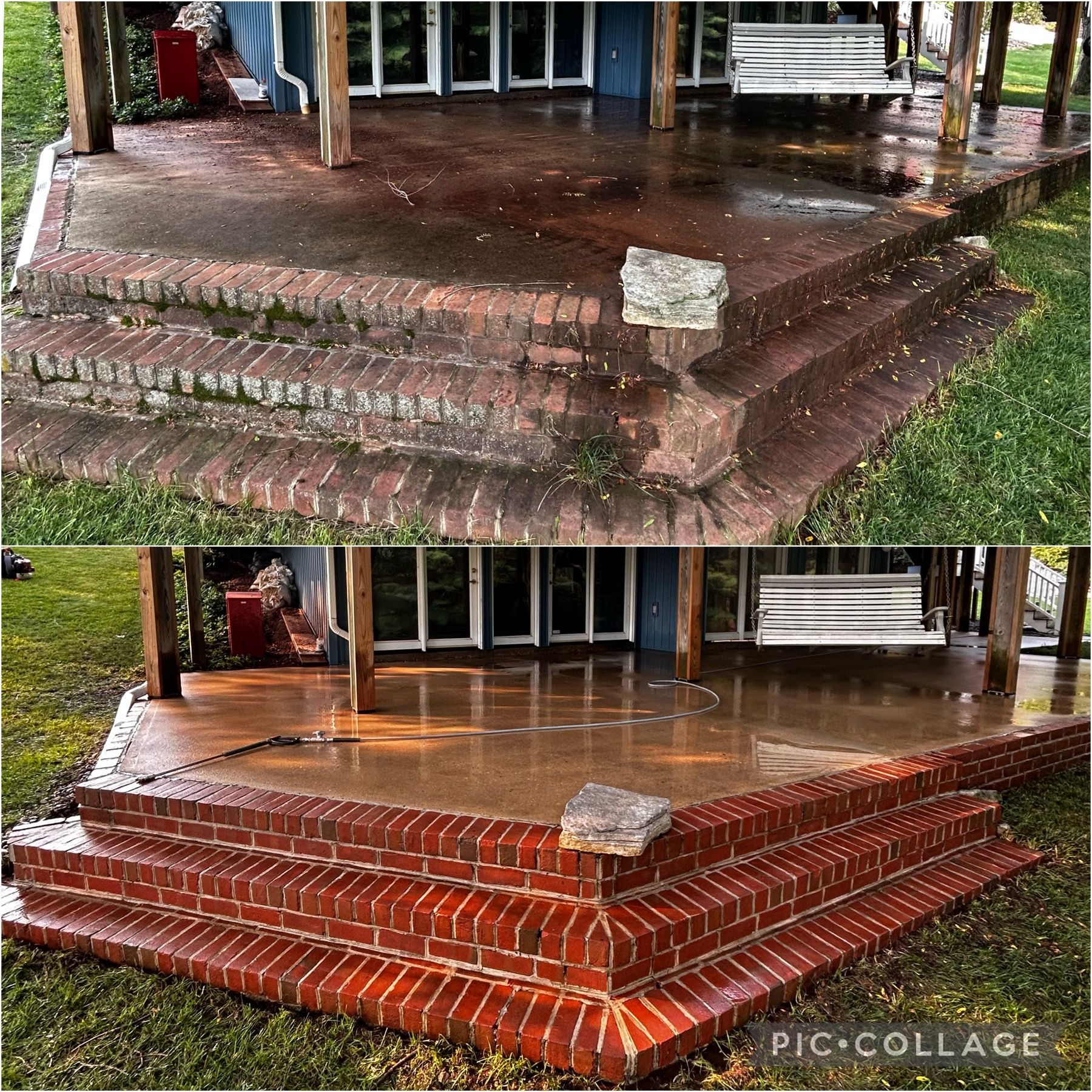 Before and after view of brick steps and porch cleaned with water, showing significant color difference.