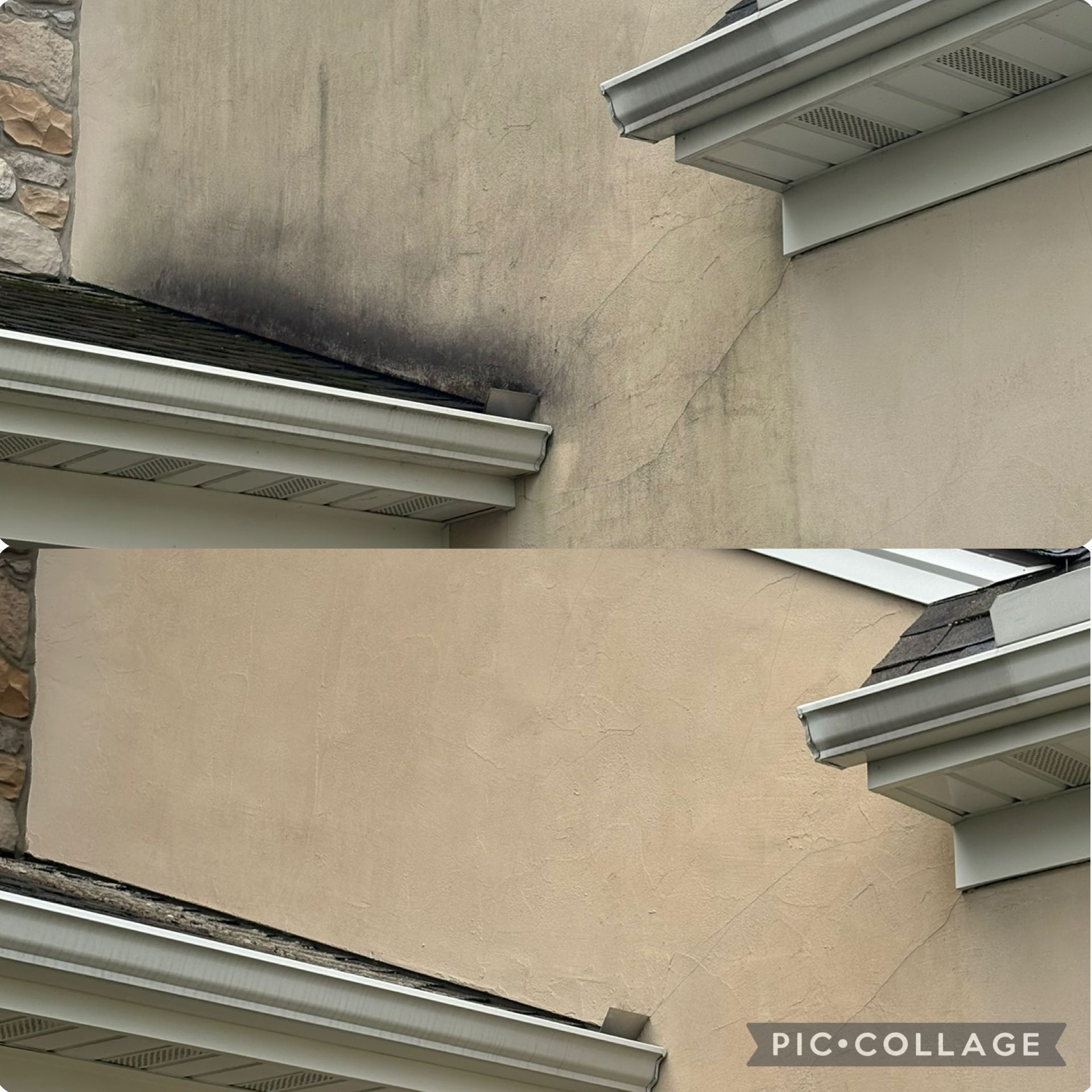 Comparison of before and after cleaning of a beige exterior wall, showing soot removal.
