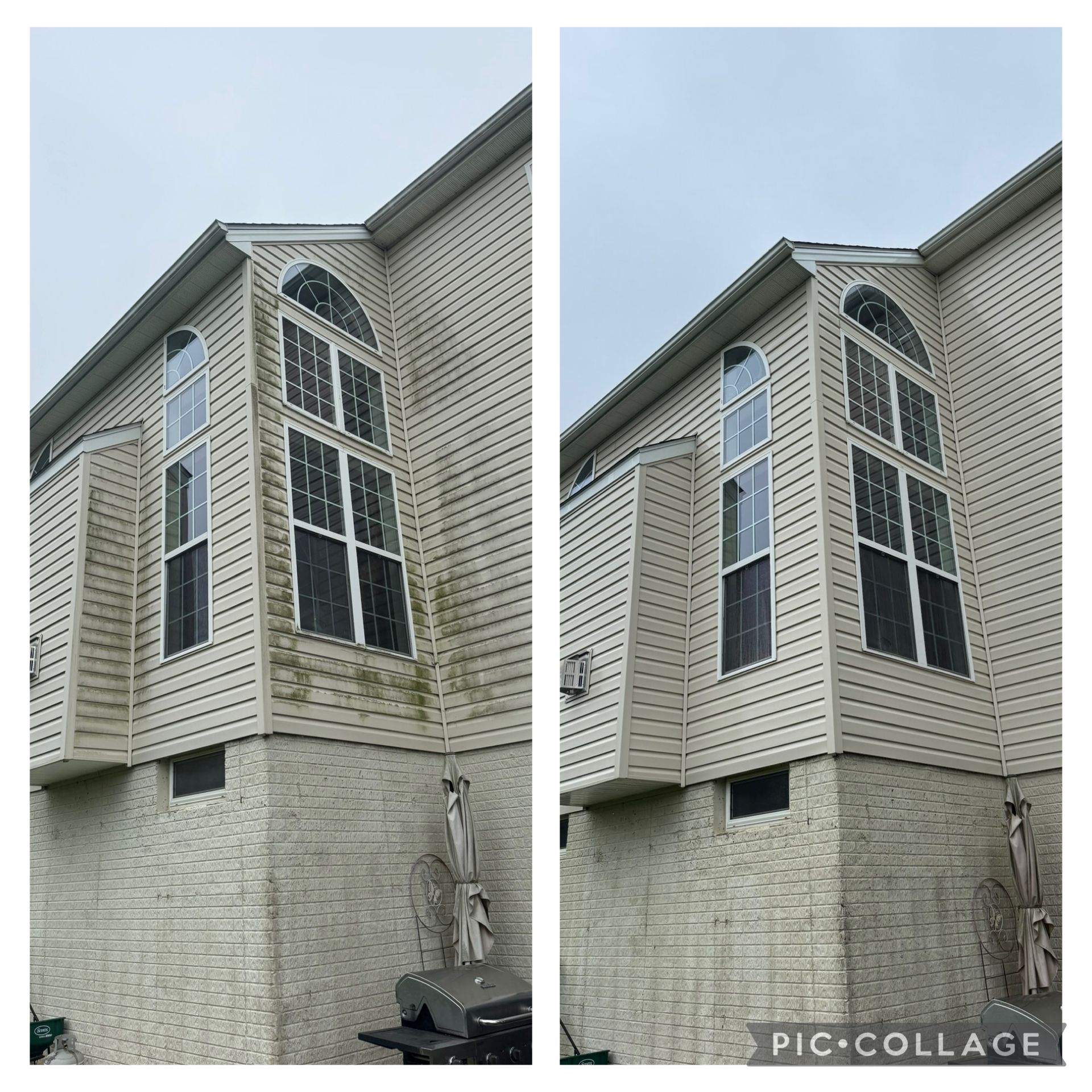 Before and after photos of a house; the left side is dirty, the right side is clean.
