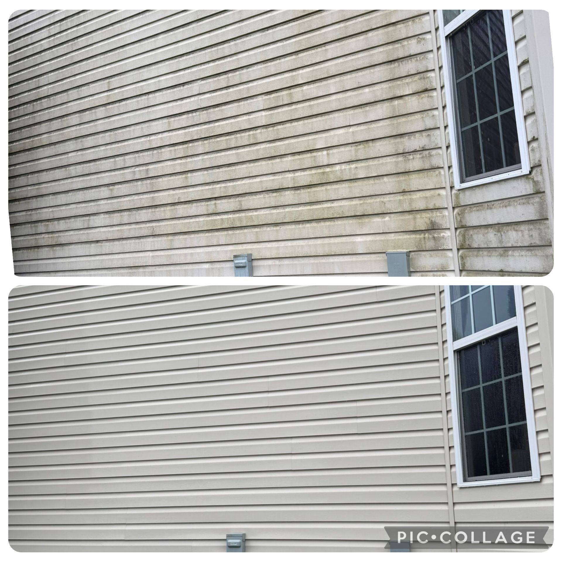 Comparison of dirty and clean siding, showing removal of grime and discoloration.