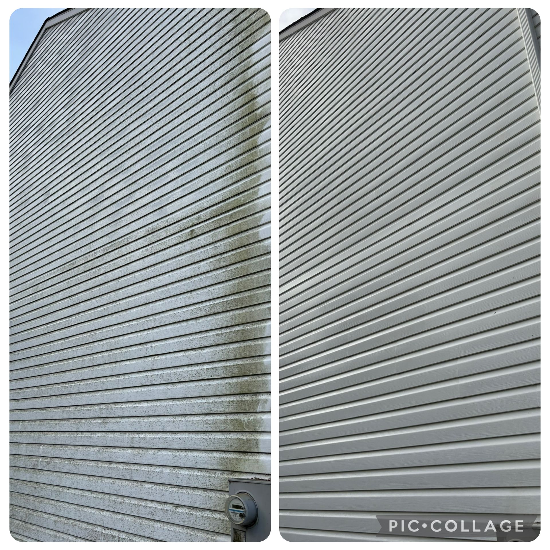 Side-by-side comparison shows before and after of gray siding cleaned, removing dirt and discoloration.