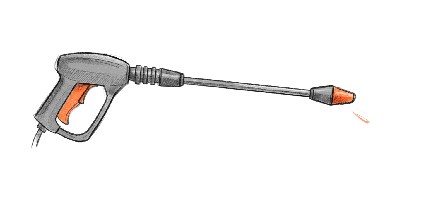 Gray and orange pressure washer with a drop of water.