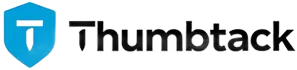 Thumbtack logo: Blue shield with a white 