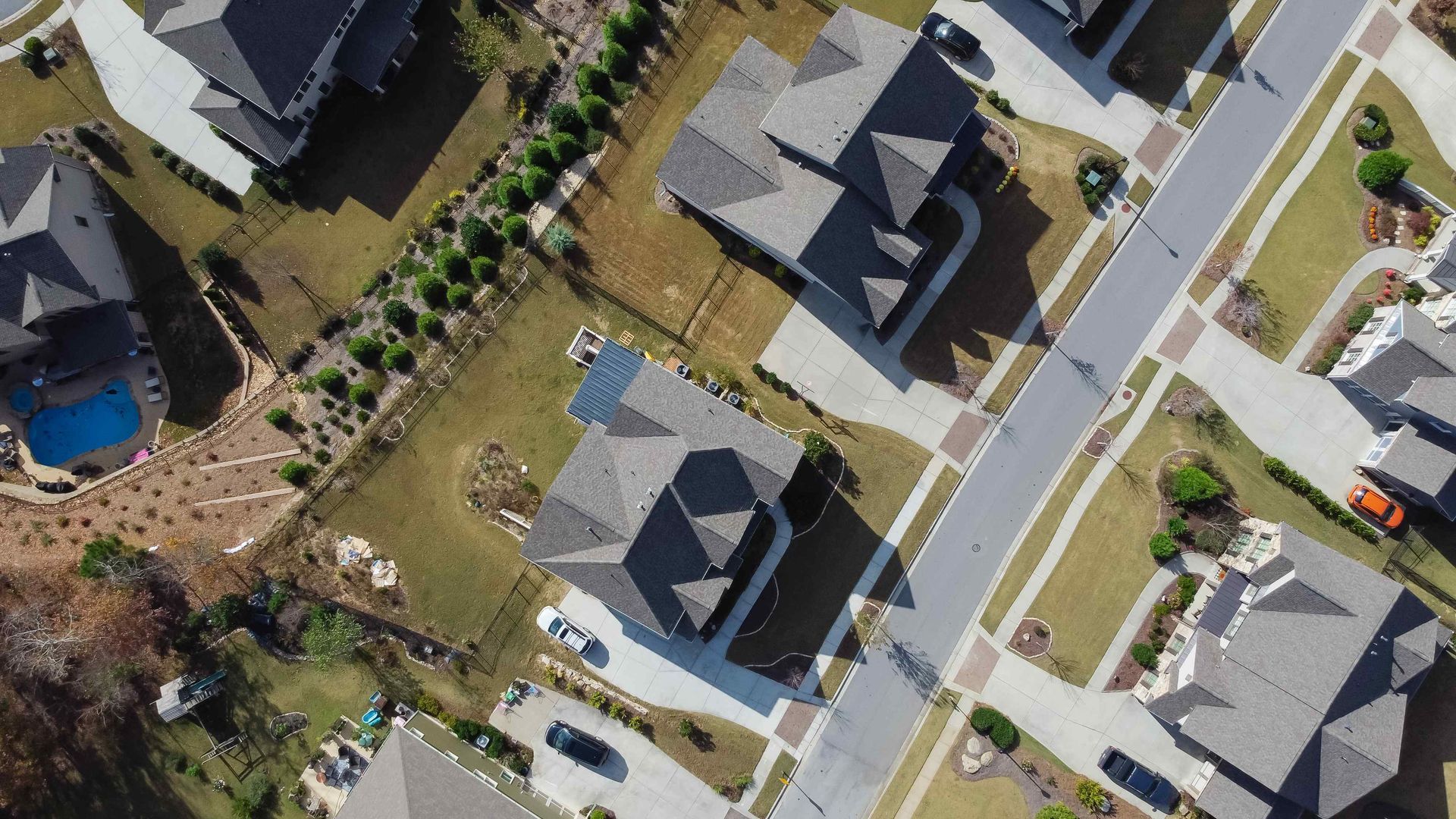 aerial image taken by a drone of a suburban home