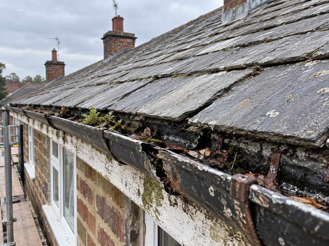 Broken gutter blocked with leaves and moss