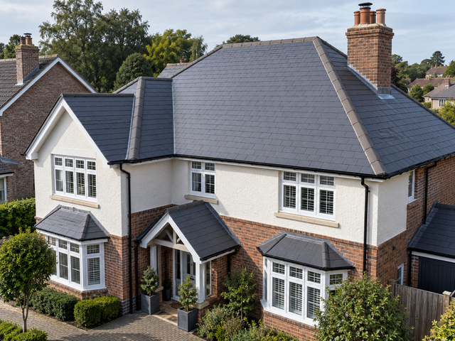 New slate roof with matching bay and porch roofs on a detached house
