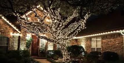 A house is decorated with christmas lights and a tree is lit up at night.