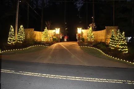 A driveway decorated with christmas lights at night