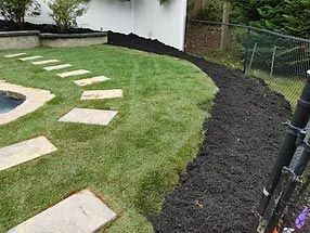 A lush green lawn with stepping stones and a pool in the background.