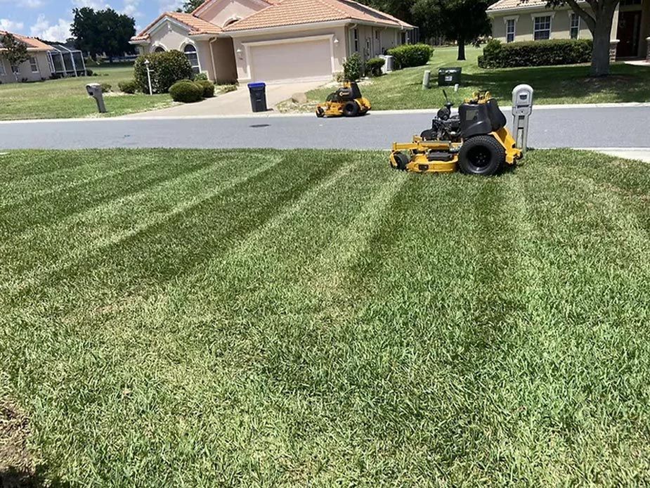 A yellow lawn mower is cutting a lush green lawn in front of a house.