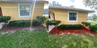 A before and after picture of a house with red mulch.