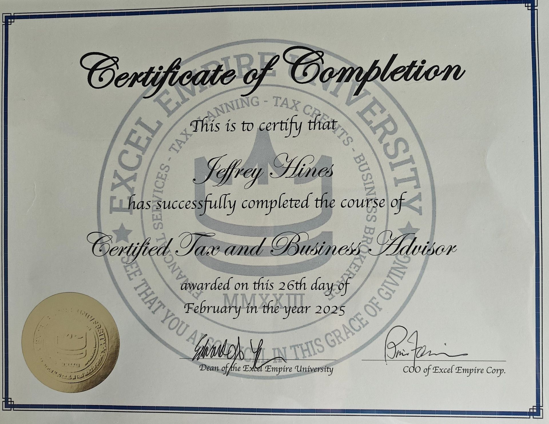 A certificate of completion from excel university