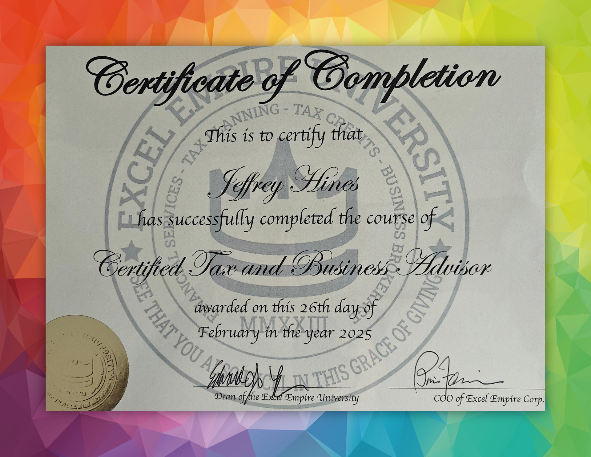 A certificate of completion from excel university