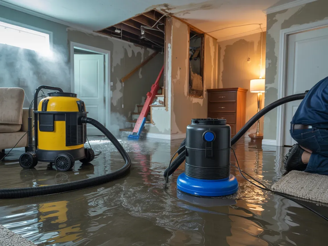 Flooded interior with two vacuums removing water; person kneeling. Damaged walls and ceiling.