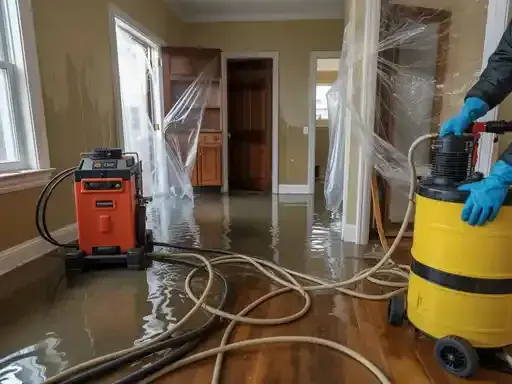 Flooded room with water extraction equipment in use. Person in blue gloves operates a yellow machine.