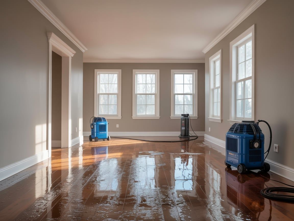 Empty room with wet wooden floor, three blue dehumidifiers, and several windows.
