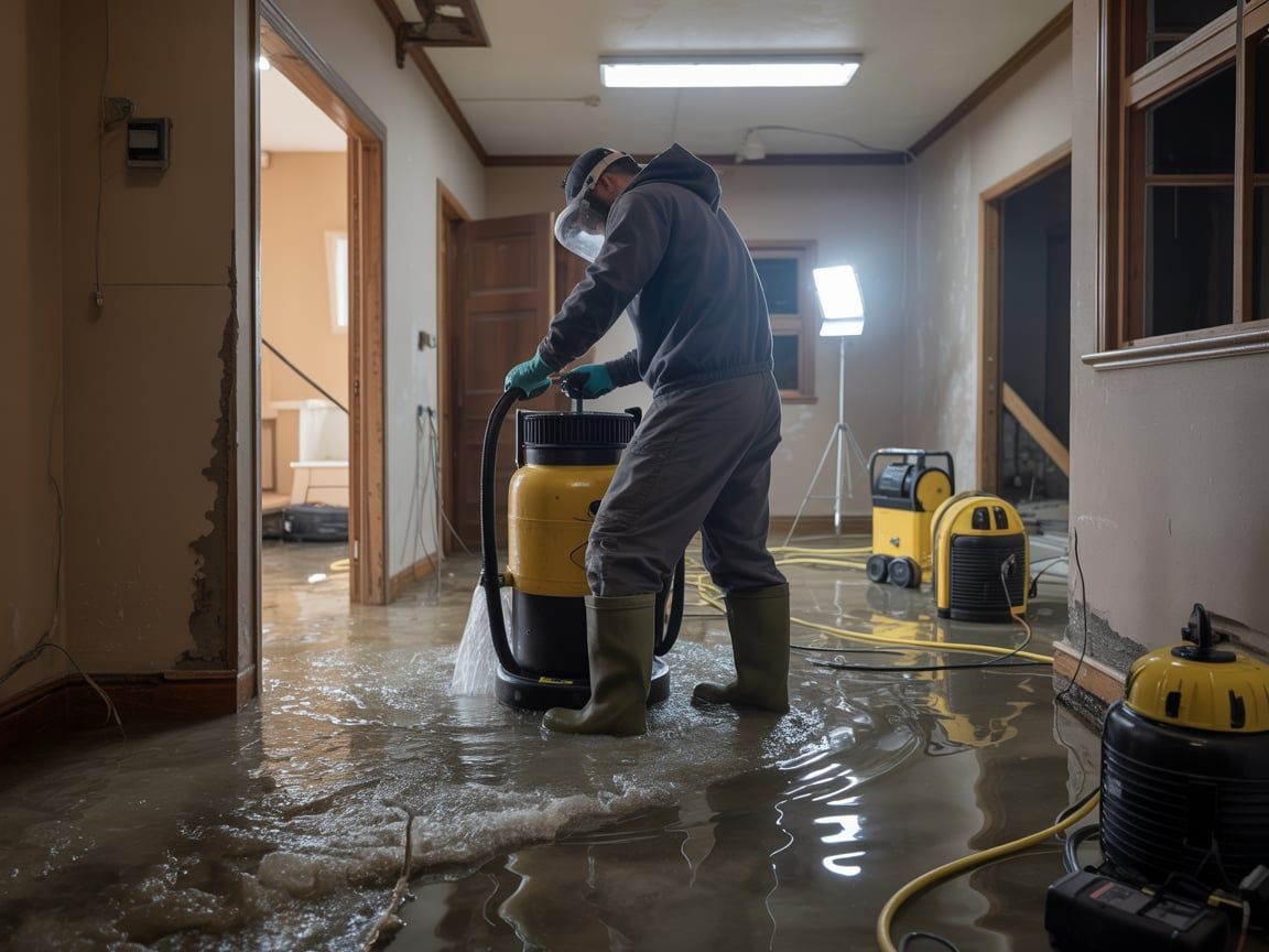 Person in protective gear using a water extraction machine in a flooded hallway.