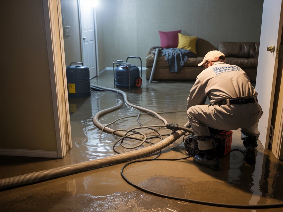 A person in work uniform using a pump to remove water from a flooded room.