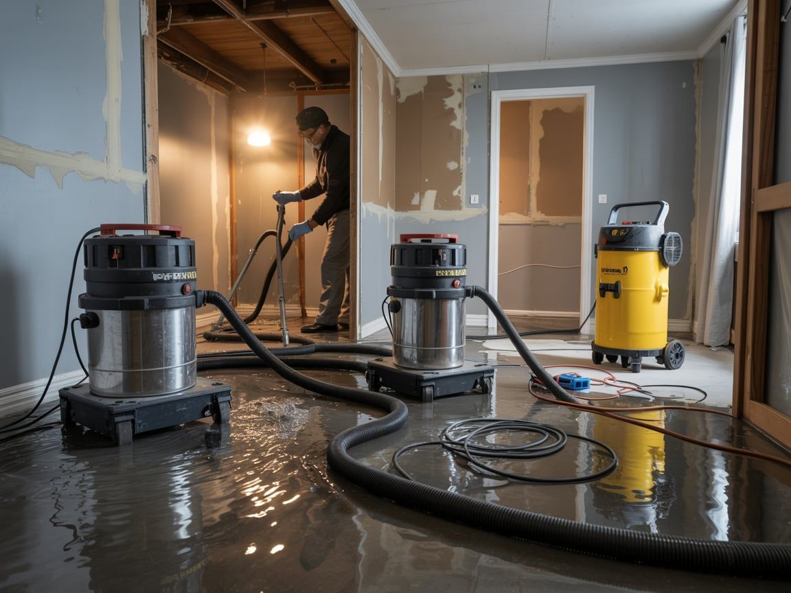 Three wet/dry vacuums in a flooded room, a person operating one. Construction setting, gray walls, water on floor.