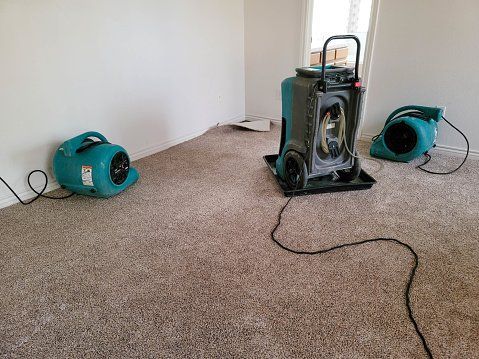 Small industrial fans strategically placed on a water-damaged carpeted floor to aid in drying and water damage mitigation.