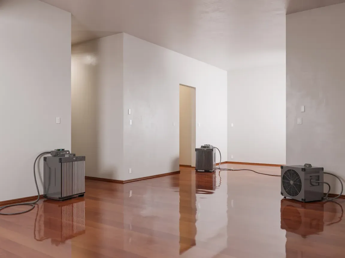 Three dehumidifiers on a glossy, wet wooden floor in an empty room with white walls.