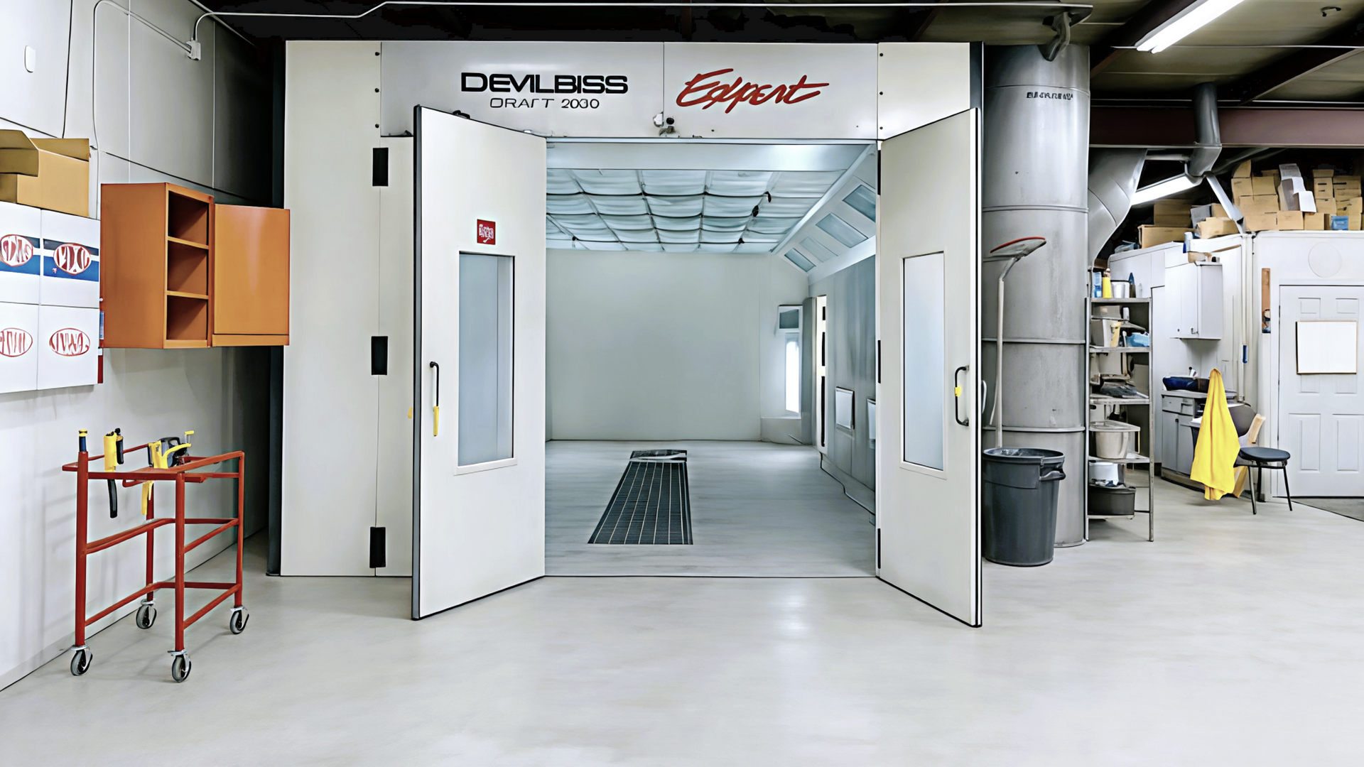 Open paint booth in a auto body repair shop, House of Color. White doors, gray interior, overhead lighting, and equipment.