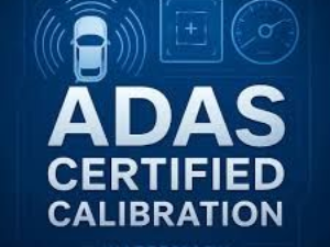 ADAS certified calibration graphic with car icon, radar waves, and speedometer on blue.
