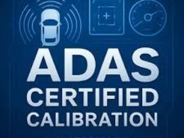 ADAS certified calibration graphic with car icon, radar waves, and speedometer on blue.