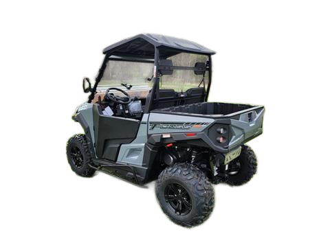 White golf cart with black accents, large tires, and windshield.