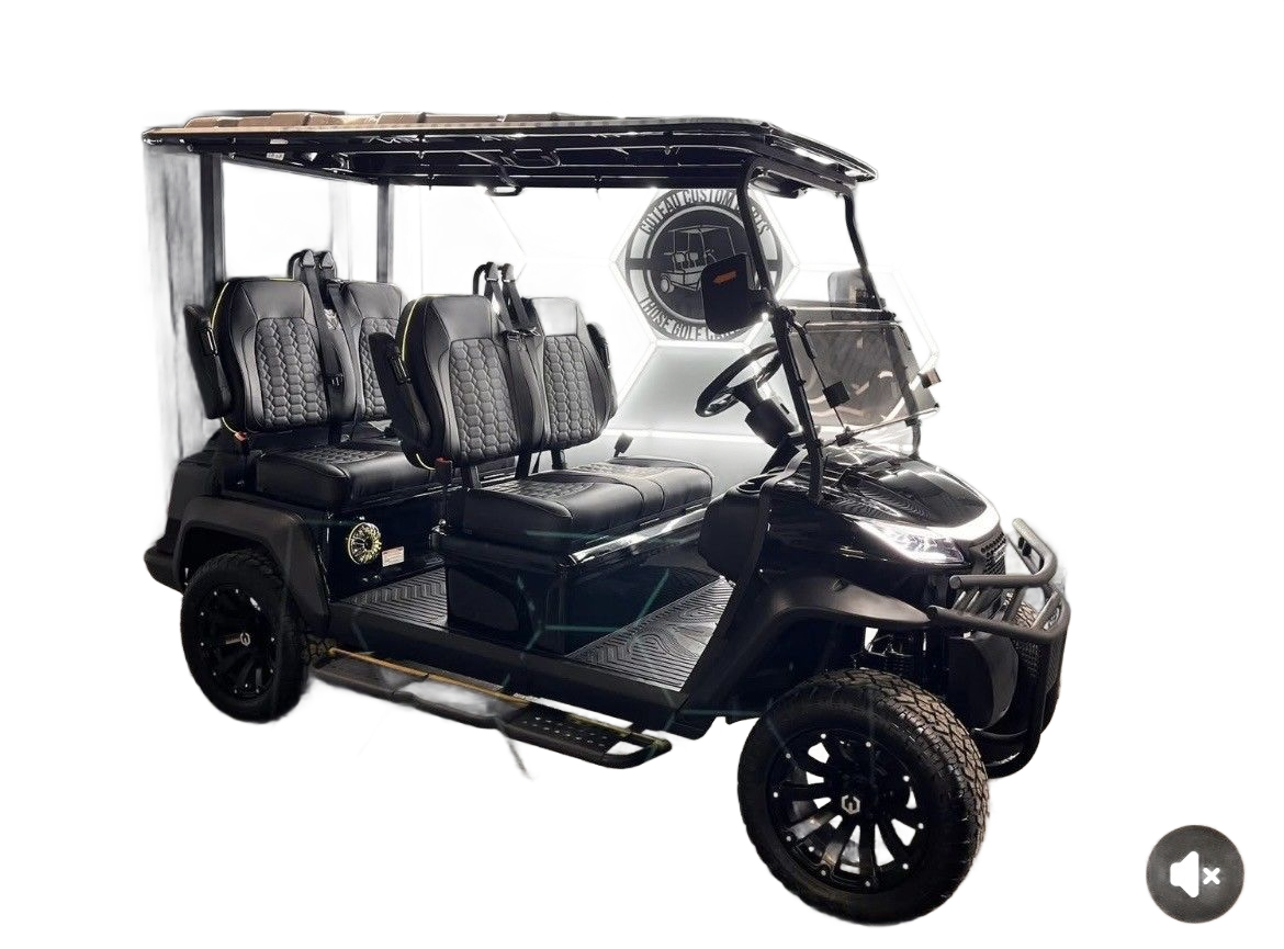 Dark blue golf cart with black accents, off-road tires, and a protective front bumper.