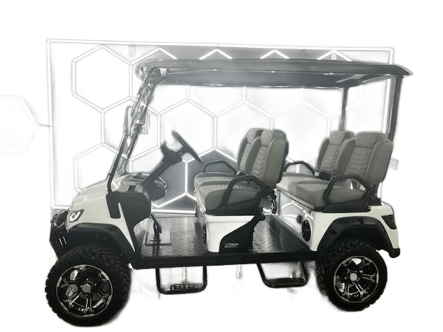 Turquoise and black electric golf cart with a windshield, seats, and a canopy on a white background.