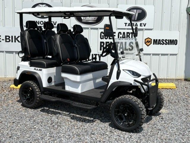 Blue and black golf cart side view with roof, seats, and steering wheel on white background