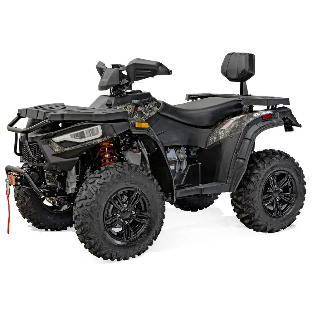 Black ATV with camo accents, large tires, and cargo rack, against a white background.