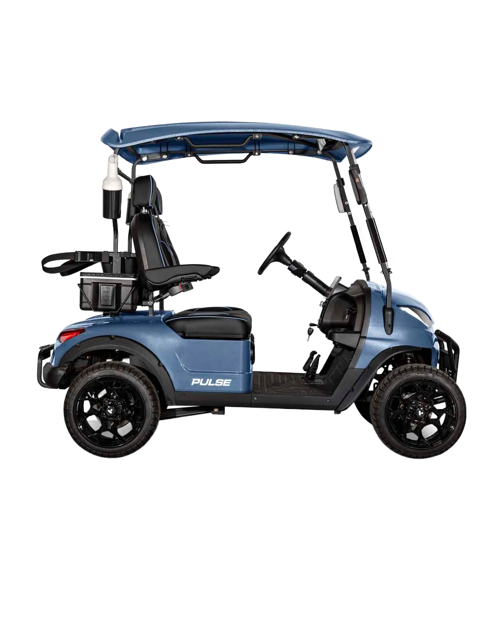 White golf cart with black accents, large tires, and windshield.