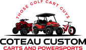 Red golf cart within a black and red curved border; "Coteau Custom Carts" text below.